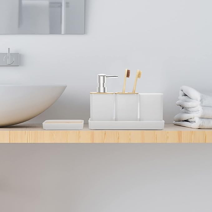 FEILANDUO Bathroom Accessories Set,5 Pcs Bathroom Accessory Gift Set, Soap Dispenser, Soap Dish, Toothbrush Holder, Toothbrush Cup, Vanity Tray, Boho, Modern Bathroom Decor (White)