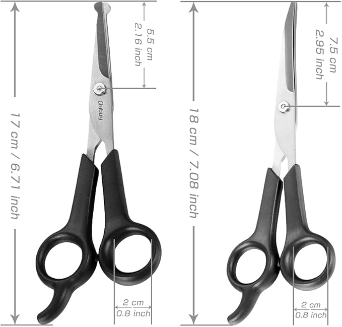 Chibuy Professional Dog Grooming Scissors Set, 2-Piece Kit with Round Tip Safety Scissors, Straight Cut & Curved Shears, Home Pet Grooming Tools for Dogs & Cats