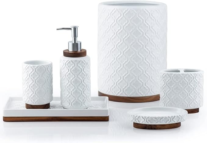 Elegant Bathroom Accessories Set 6 PCS Ceramic and Wood Bathroom Accessory Set Soap Dispenser Toothbrush Holder Tumbler Soap Dish Tray Trash Can Easy to Clean Quatrefoil Pattern White