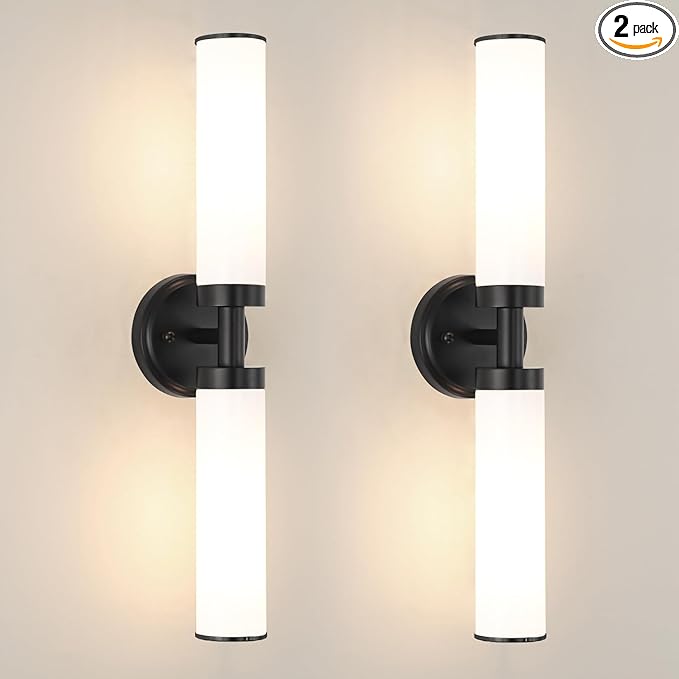 Matte Black Wall Sconces Set of 2, Modern Bathroom Vanity Lights for Mirror, Wall Light Fixtures with Milk Glass for Bathroom, Bedroom, Hallway, E26 Base, Bulbs Required, 22.05 Inch
