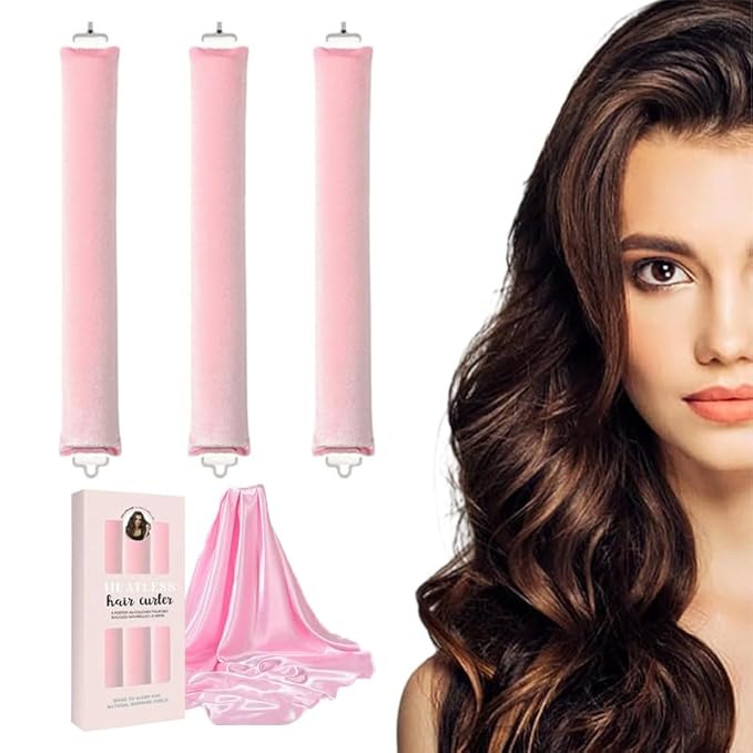 Heatless Curls Overnight Set of 3 with 1 Scarf - Heatless Hair Curler, Overnight Blowout Rods for Blowout Look Long Hair (Pink)