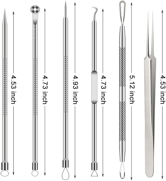 Pimple Popper Tool Kit, 6 Pcs Blackhead Remover Acne Needle Tools Set Removing Treatment Comedone Whitehead Popping Zit for Nose Face Skin Blemish Extractor Tool - Silver