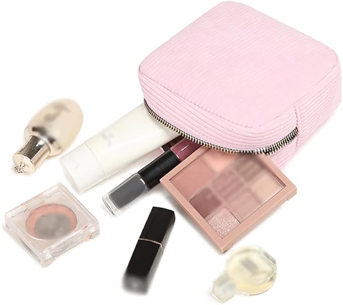 GSHLLO Small Corduroy Makeup Bag Fabric Make Up Pouch Mini Plain Color Cosmetic Bag Pocket Size Toiletry Pouch Sanitary Napkin Storage Bag Portable Versatile Zipper Pouch Pink
