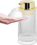 14 Oz Foaming Soap Dispenser, Clear Glass Soap Dispenser, Refillable Foam Pump Bottle Lotion Container with Gold Pump, Decorative Slim Ribbed Bottle for Bathroom and Kitchen Decor