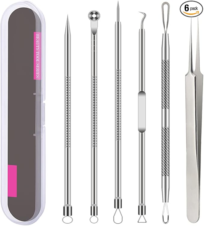 Pimple Popper Tool Kit, 6 Pcs Blackhead Remover Acne Needle Tools Set Removing Treatment Comedone Whitehead Popping Zit for Nose Face Skin Blemish Extractor Tool - Silver