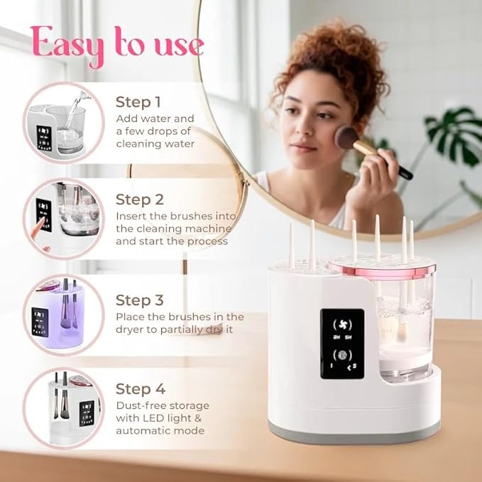 BRISEL 3-in-1 Makeup Brush Cleaner Machine & Dryer – Electric Automatic Washer, Deep Clean & Dry in Minutes, USB Powered with LED, Fits All Brush Sizes (White & Rose Gold)