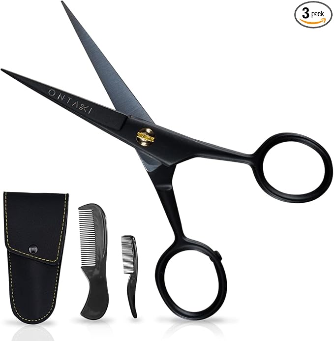 Ontaki Mustache Scissors - 5-Inch, Black - Bevel-Edge Precision & Beard Trimming Scissors - Complete Kit with Mustache Comb & Beard Comb