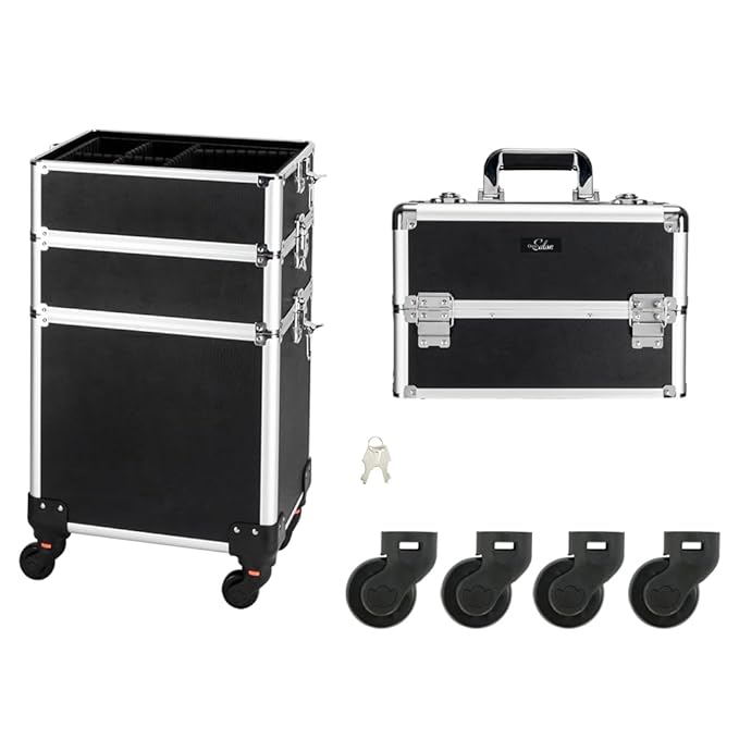 mefeir 4 in 1 Rolling Makeup Train Case, Aluminum Makeup Travel Organizer Cosmetic Case, Cosmetology Display Suitcase on Wheels, Beauty Storage Luggage Lockable w/4 Removable Wheels (Black)