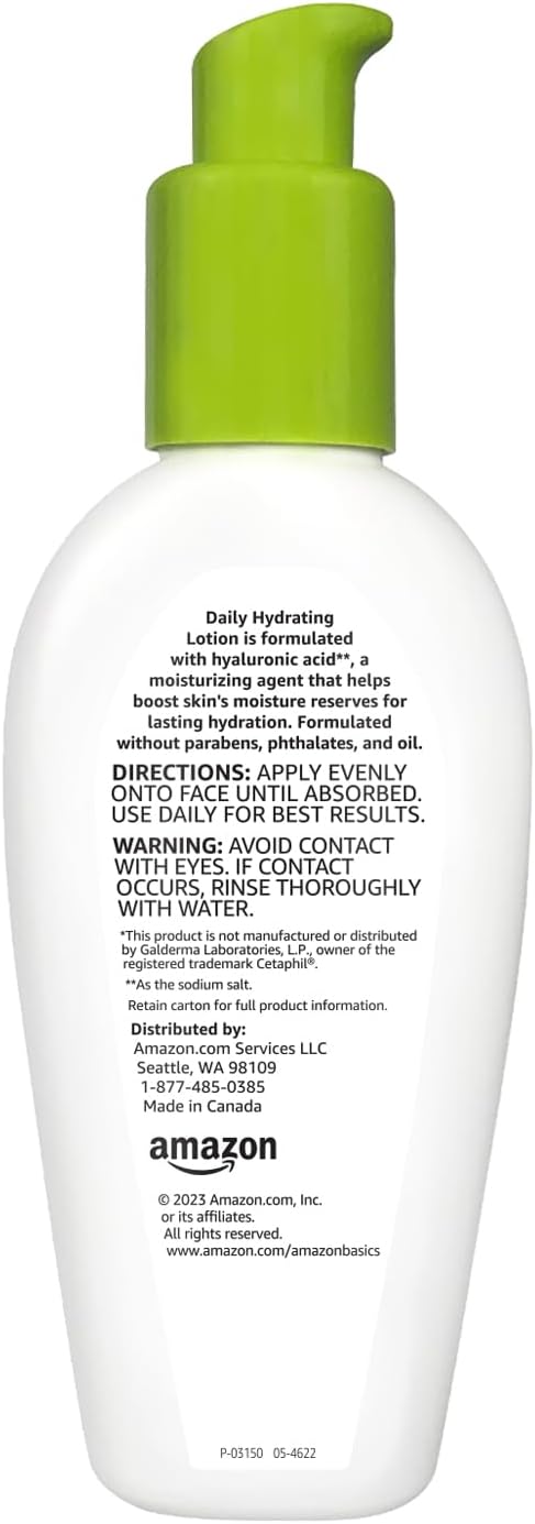 Amazon Basics Hyaluronic Acid Face Moisturizer, Hydrating, Oil-Free, Fragrance Free, Dermatologist Tested, 3 Fluid Ounces (1-Pack)