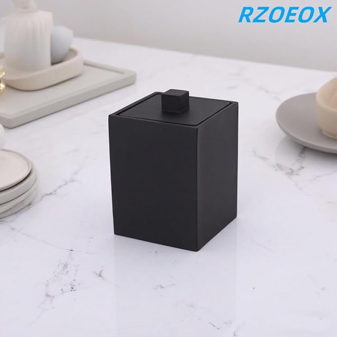 Q-tip Holder Square Cotton Swab Holder with Lid Resin Cotton Ball Canister Jar Cosmetics Makeup Countertop Organizer Containers Canister Apothecary Jar, Matte Black