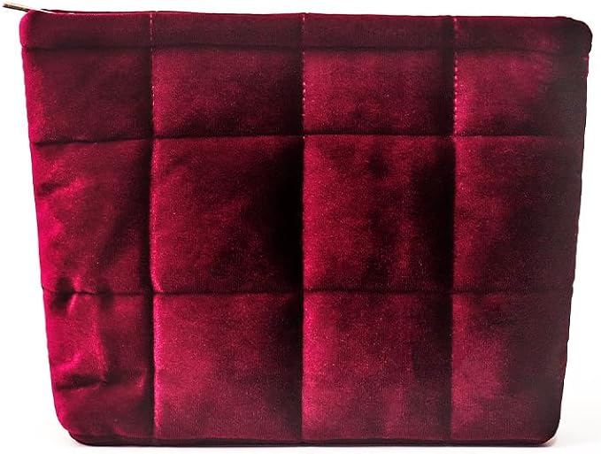 Puffy Quilted Makeup Bag, Cosmetic Bag, Travel Toiletry Organizer Pouch, Clutch for Women(Wine Red - Velvet)