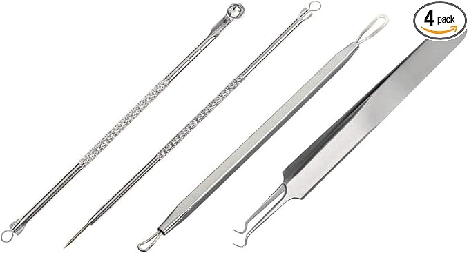 Beaute Galleria 4 Pieces Blackhead Remover Pimple Extractor Popper Bend Curved Tweezers for Acne Comedone Blemish Whitehead Zit Removal Tool Kit with Instructions