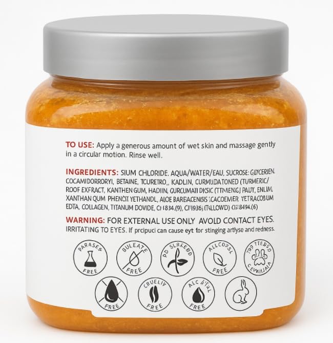 SpaScriptions Turmeric & Collagen Sugar Scrub - Brightening Body Scrub Exfoliator with Brown Sugar & Vitamin E, Ideal for for Dull & Uneven Skin Tone, Helps Support Glowing, Smooth & Firm Skin, 21 oz