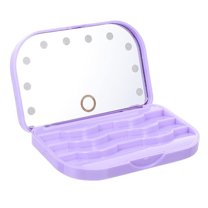 Portable LED Lash Tray Eyelash Storage Case with Mirror Lightweight False Eyelash Holder for Travel and Professional Use Compact Purple Box Organizer