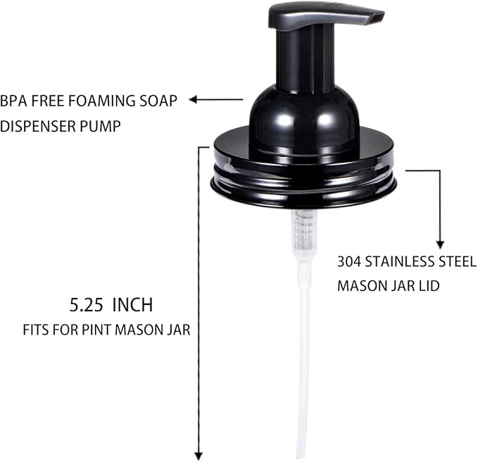 Amolliar Mason Jar Foaming Soap Dispenser Pump Lids, Foaming Pump Replacement Kit for Pint Regular Mouth Mason Jar, Refill Hand Soap, Waterproof Stickers, Kitchen Bathroom Farmhouse Decor, Black 6Pack