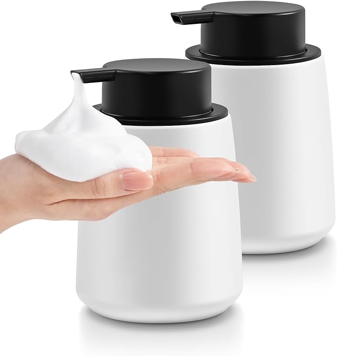 Ceramic Foam Soap Dispenser 2 Pack, 12oz White Lotion Hand Sanitizer Soap Dispenser with Easy-to-Press Pump for Bathroom & Kitchen Countertop Refillable