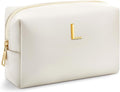 Kigeli Initial Makeup Bag for Women Beige Leather Easter Basket Gifts Monogram Cosmetic Bag Small Travel Toiletry Pouch Wedding Birthday Graduation Bridesmaid Gifts for Teen Girls Women Teachers(L)
