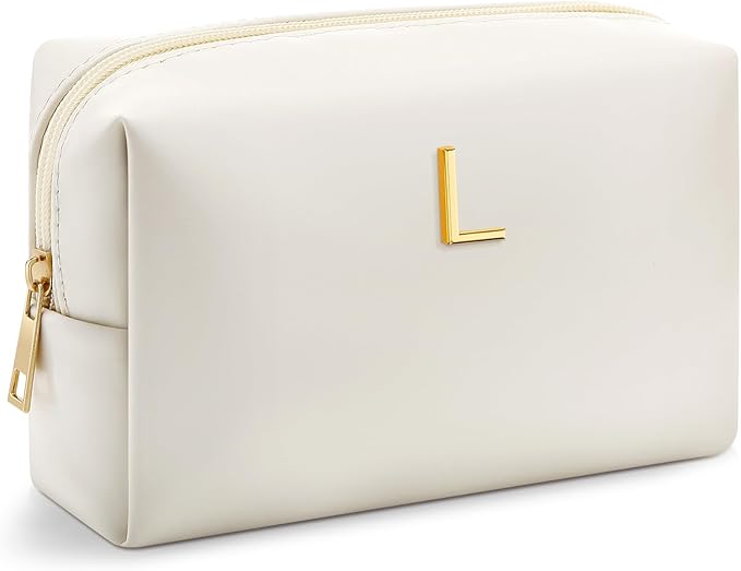 Kigeli Initial Makeup Bag for Women Beige Leather Easter Basket Gifts Monogram Cosmetic Bag Small Travel Toiletry Pouch Wedding Birthday Graduation Bridesmaid Gifts for Teen Girls Women Teachers(L)