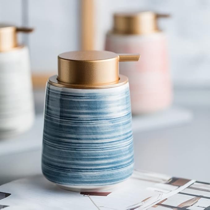 Modern Striped Style Gold Soap Dispenser for Bathroom, Ceramic Hand Soap Dispenser, Easy to Refill Liquid (Blue-Foam Pump)