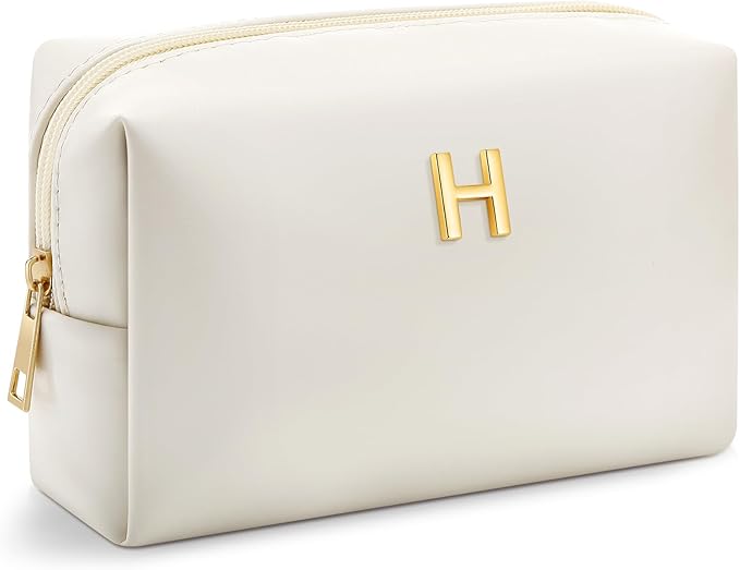Kigeli Initial Makeup Bag for Women Beige Leather Easter Basket Gifts Monogram Cosmetic Bag Small Travel Toiletry Pouch Wedding Birthday Graduation Bridesmaid Gifts for Teen Girls Women Teachers(H)