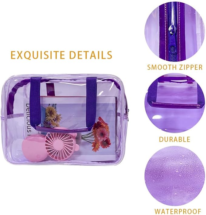 PVC Purple Pure Color Transparent Gift Pouch Wash Travel Makeup Cosmetic Bag with Handle for Travel Bathroom Toiletry Organizer (Purple)