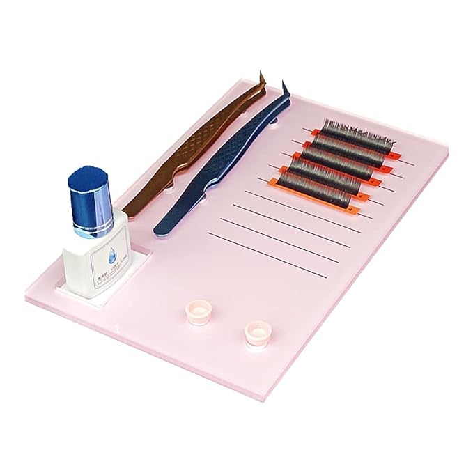 Acrylic Eyelash Grafting Pallet, Lash Tile holder, Bigger Size Glue Cups Eyelash Extensions Storage Gasket Pads with Magnetic Suction for 2 Tweezers (Pink-7.87x5.12in)