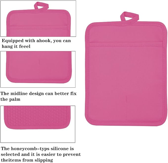 Oven Pot Holder with Pocket Cotton Heat Resistant Coaster Potholder Kitchen Hot Pad Oven Mitts for Cooking and Baking Square 7"x9" (Rose, Silicone)