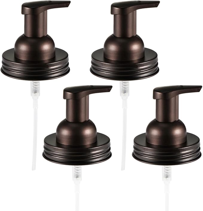 Amolliar Mason Jar Foaming Soap Dispenser Pump Lid, Refillable Plastic Pump, Rustproof Stainless Steel Lid for Regular Mouth Jar, Cute Farmhouse Decor, Hand Soap for Bathroom, Kitchen, Bronze 4 Pack