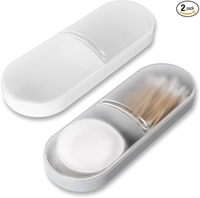 2 Pack Travel Cotton Swab Qtip Holder,Plastic Container Dispenser Box with 2 Silicone Rubber Bands, Portable Cotton Swab Makeup Pads Storage Box with Lid (White, Grey)