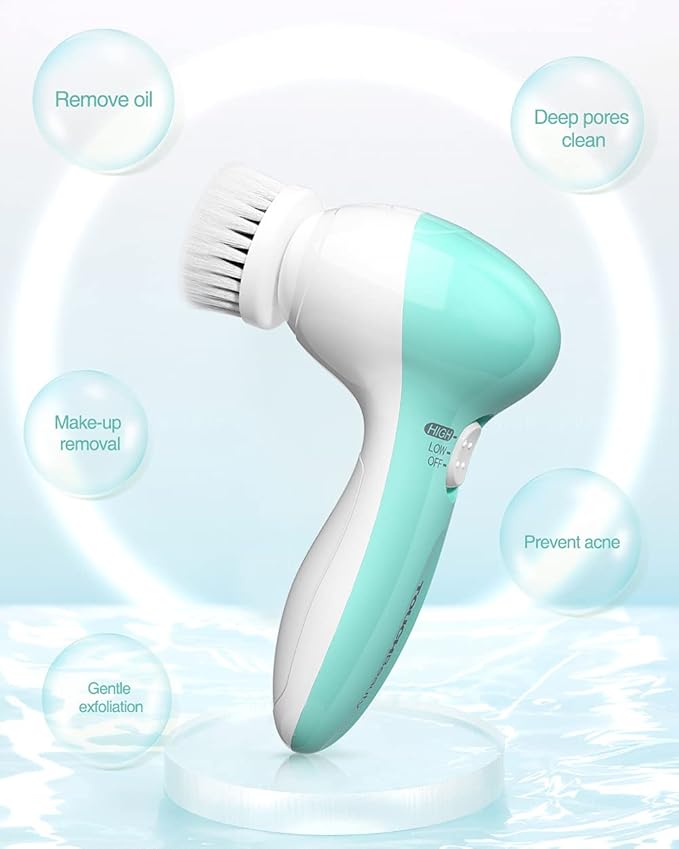 Facial Cleansing Brush for Women, 3-in-1 Face Cleanser and Exfoliator Brush with 3 Brush Heads, 2 Speeds, Battery Operated Waterproof Spin Brush, Portable Travel Case, Perfect Valentine's Day (Green)