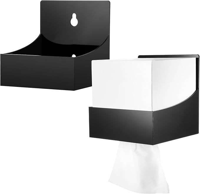 Geelin 2 Pcs Tissue Box Holder Wall Mount Acrylic Dispenses Tissue Box Shelf Gloves Wipes Paper Napkins Organizer Upward or Downward for Kitchen Bathroom Office Rv (Black)