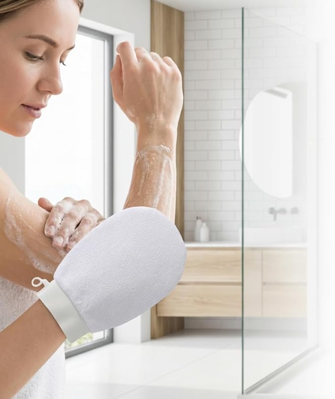 Exfoliating Gloves & Back Scrubber Strap Set - Dual-Sided Textured Mitts for Deep Body Exfoliation, Hard to Reach Back Cleaning, Spa-Quality Dead Skin Removal with Long Handle & Nylon Viscose Material