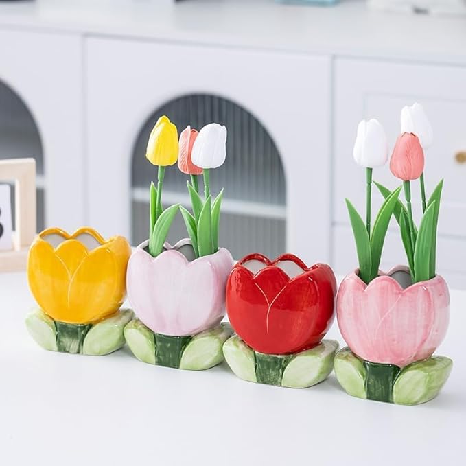 1 PC Ceramic Tulip Make up Brush Holder Flower Toothbrush Holder Cosmetic Storage Box Pen and Pencil Holder Desktop Organizers (Yellow)