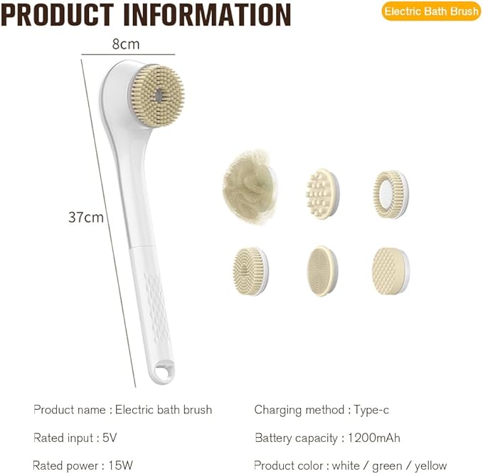 Generic Electric Body Brush Set for Showering,Exfoliating Bath Brush Long Handle for Shower Lotion Applicator for Back Silicone Body Scrubber with 6 Shower Brush Heads for Women Men Gifts (White)