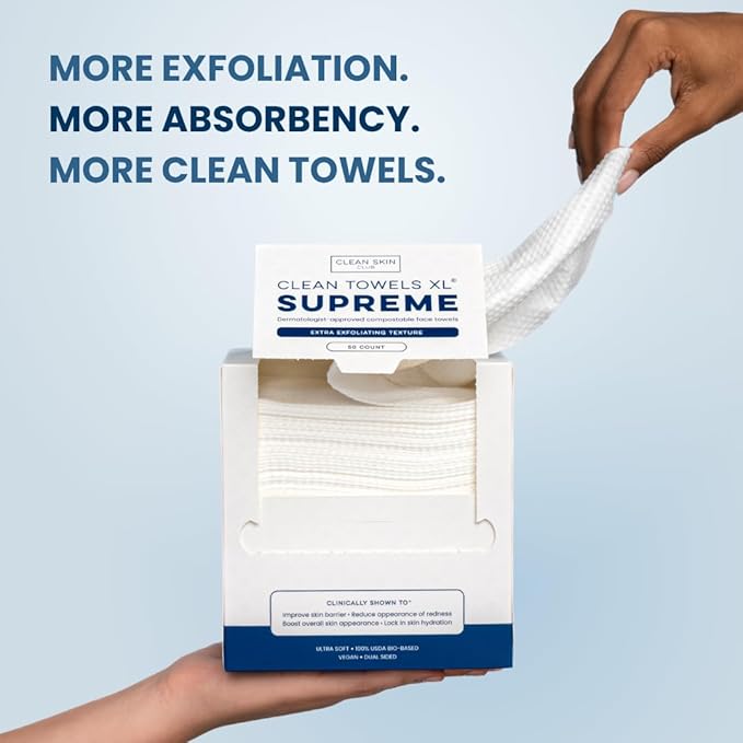 Clean Skin Club Clean Towels XL® Supreme, 100% USDA Biobased Face Towel, Disposable Face Towelette, Eczema Association Accepted, Thicker Textured Dry Wipes, Ultra Absorbent & Soft, 1 Pack, 50 Ct