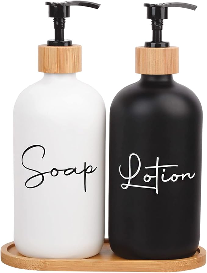 17 oz Hand Soap Dispenser Empty Glass Lotion Pump Bottles, Refillable Liquid Dish Soap Bottles for Bathroom Decor, Kitchen Sink, Matte Design and Wood Tray, Pack of 2, Black + White