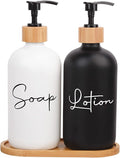 17 oz Hand Soap Dispenser Empty Glass Lotion Pump Bottles, Refillable Liquid Dish Soap Bottles for Bathroom Decor, Kitchen Sink, Matte Design and Wood Tray, Pack of 2, Black + White