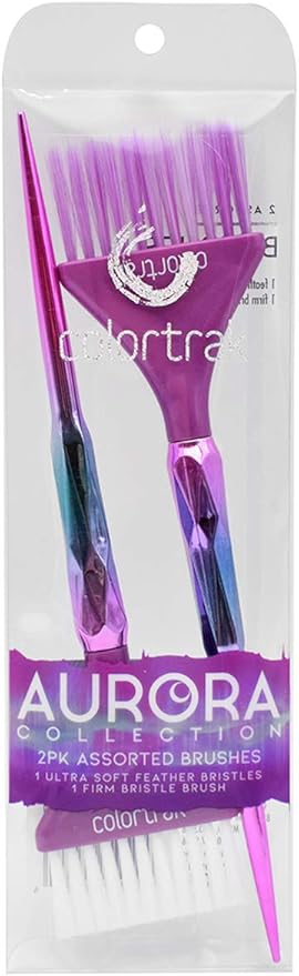 Colortrak The Aurora Collection Wide Color Brushes, Gem-Cut Handle, Tapered End, Stain-Free Metallic Finish, Matches Other The Aurora Collection Products, 2 Pack - 1xFirm Bristle, 1xFeather Bristle
