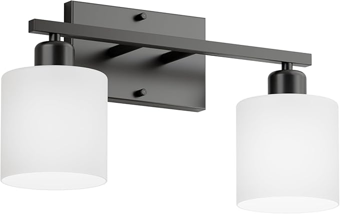 Bathroom Light Fixtures Over Mirror, Anti-Rust Matte Black Vanity Lights 15 Mid Century Modern 2-Light Wall Sconces, Milky White Glass Shades, E26 Standard Socket, Bulbs Not Included