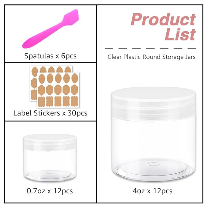 4 oz Clear Small Plastic Containers with Lids + 20g/20ml Small Containers with Lids (Set of 24) Cosmetic Sample Jar Plastic Jars - for Lip Scrub, Body Butters, Cream, Slime, Craft Storage