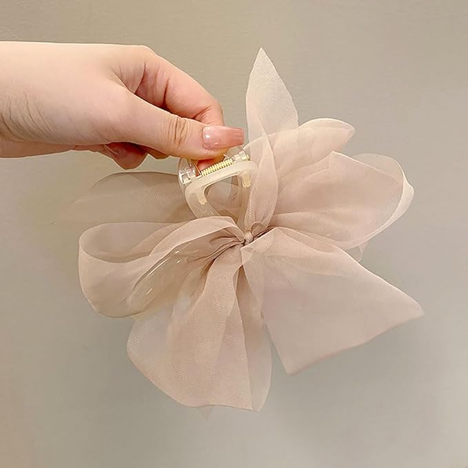 RUIYDZ Hair Clip, Light Coffee Chiffon Bowknot Hair Claw Clips for Thick Hair, Large Claw Clips for Women, Elegant Hairclips, Hair Accessories, Hair Clips for Girls