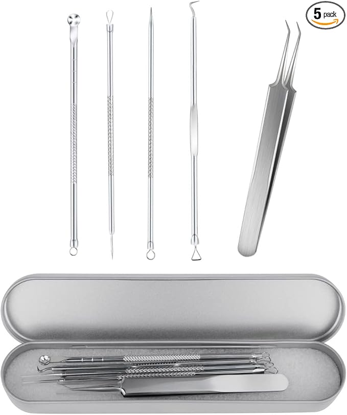 Blackhead Remover Tool Pimple Popper Tool Kit 5 Pack Blackhead Extractor Tools with Case Comedone Zit Acne Blemish Whitehead Removal Kit Professional Stainless Steel Extractor Tools for Face Nose
