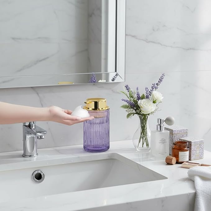 Foaming Soap Dispenser, 12 Oz Purple Glass Soap Dispenser, Refillable Liquid Lotion Container Foam Gold Pump Bottle Decorative Modern Slim Ribbed Bottle for Bathroom and Kitchen