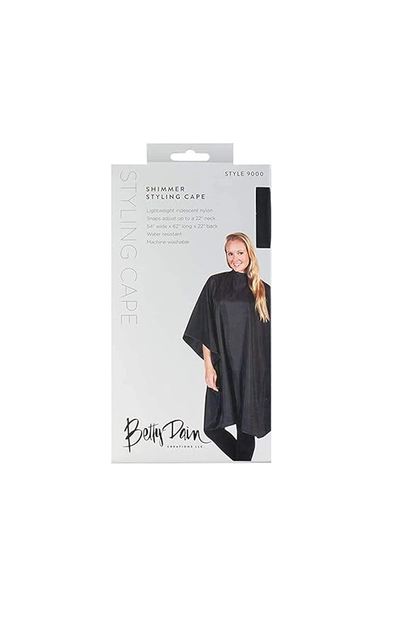 Betty Dain Shimmer Cutting/Styling Cape, Lightweight Iridescent Nylon, Snaps Adjust Up To 22 Inch Neck Closure, Water Resistant, 54" Wide x 62" Length x 22" Back, Black