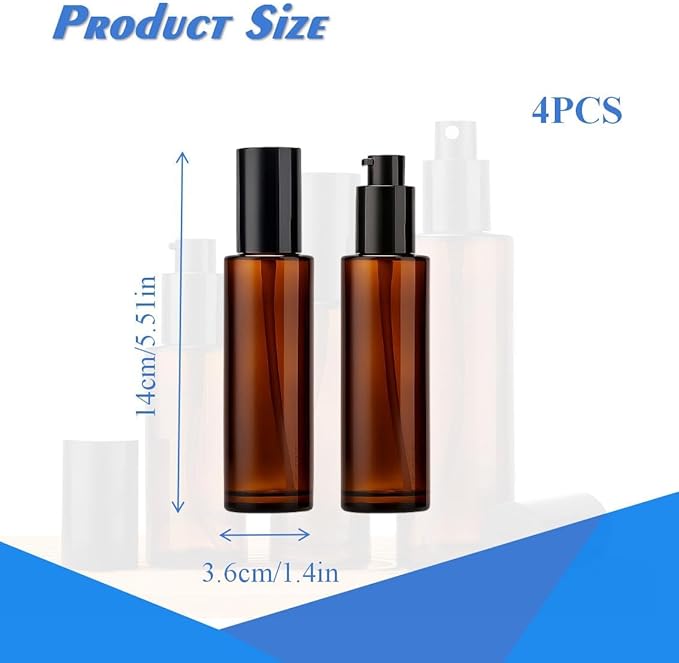 4Pcs 60ml Amber Lotion Pump Bottle Refillable Empty Glass Bottle Travel Size Cosmetic Containers for Liquid Soap, Shampoo, Conditioner, Serum
