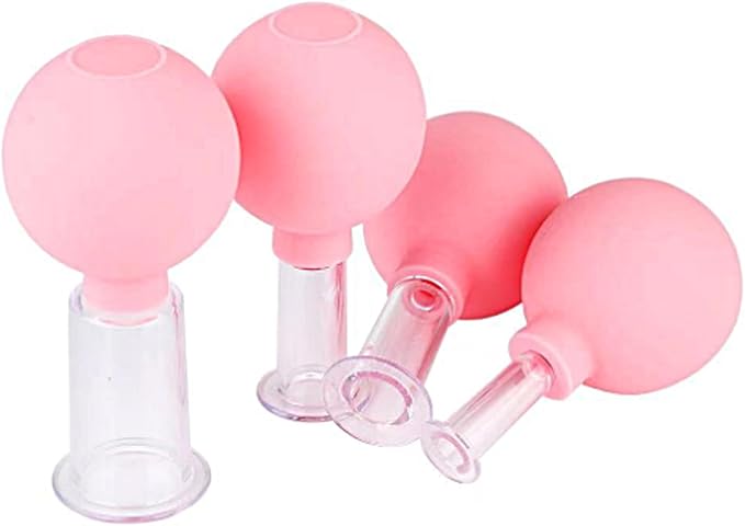 4 Pieces Plastics Facial Suction Cupping Set-Silicone Vacuum Suction Massage Cups Anti Cellulite Lymphatic Therapy Sets for Eyes, Face and Body (Pink)