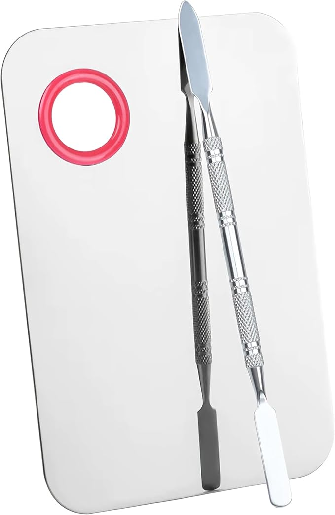 Pro-Grade Stainless Steel Makeup Mixing Palette with Spatula, 5.9 x 3.9 inches, Cosmetic Mixing Tray for Foundation, Eyeshadow, Nail Art & Pigment Blending (2 Pack)