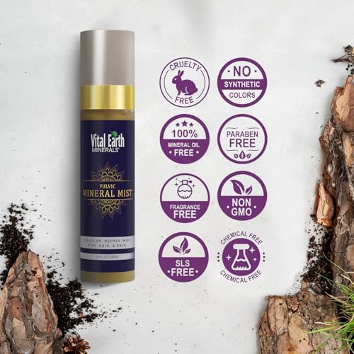 Vital Earth Fulvic Mineral Facial Mist, Travel-Friendly 2-Pack – Anti-Aging Face & Hair Spray for Cellular Renewal & Hydration, 3.4 Oz Ea
