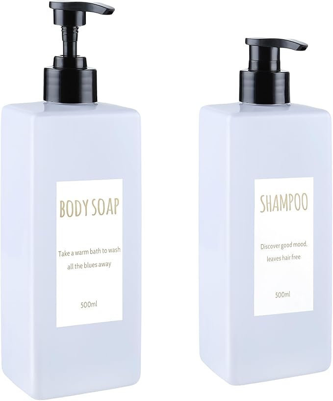 Shampoo and Conditioner Dispenser (Set of 2, 16.9oz) Modern Refillable Shampoo Pump Bottles for Shower Soap - Empty Body Wash Dispenser Set for Bathroom (white)