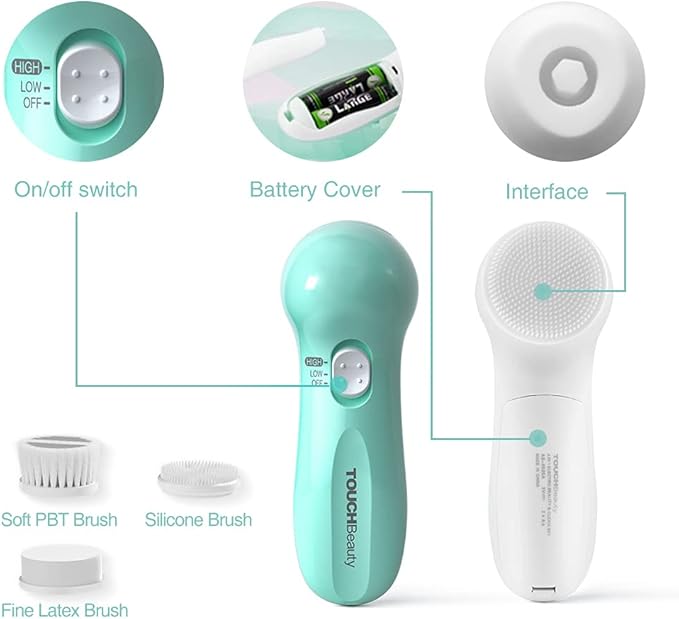 Facial Cleansing Brush for Women, 3-in-1 Face Cleanser and Exfoliator Brush with 3 Brush Heads, 2 Speeds, Battery Operated Waterproof Spin Brush, Portable Travel Case, Perfect Valentine's Day (Green)